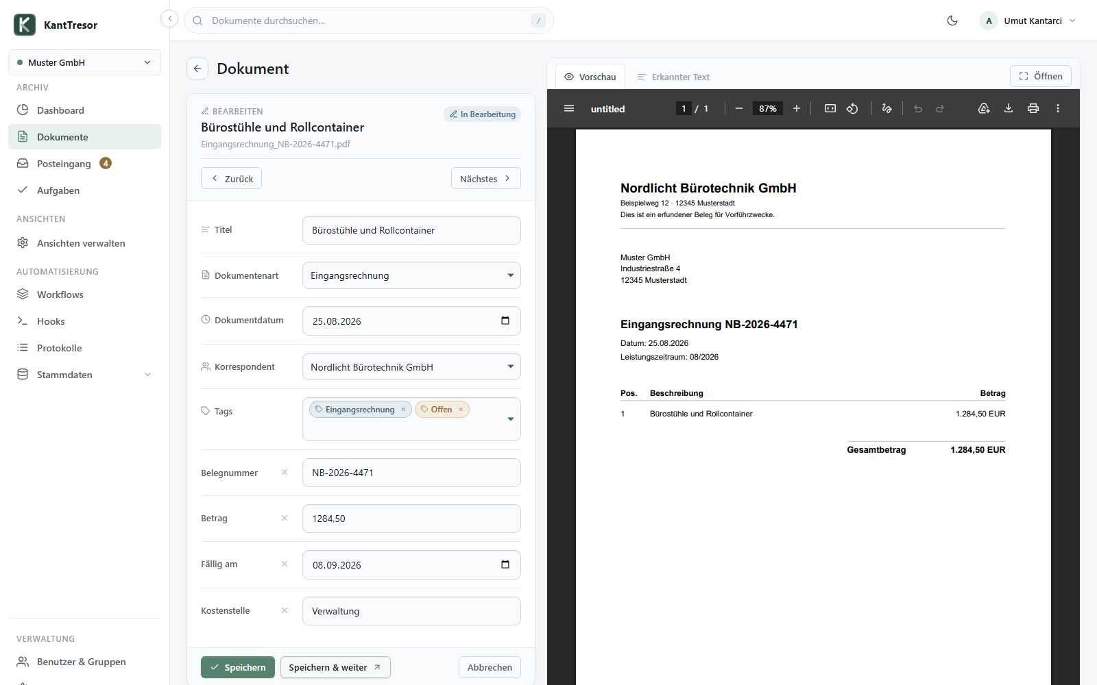 Die Detailansicht eines Dokuments in KantTresor: links das Formular mit Titel, Dokumentenart, Datum, Korrespondent, Tags und benutzerdefinierten Feldern, rechts die Belegvorschau.