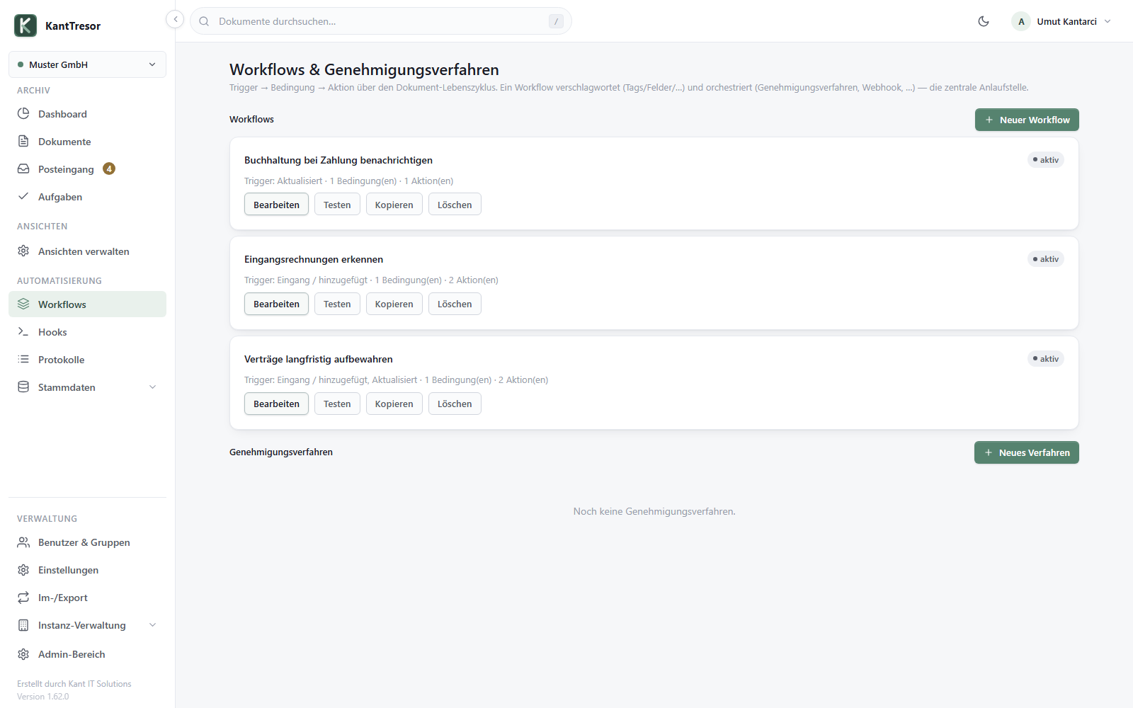 Die Workflow-Übersicht von KantTresor mit drei aktiven Workflows, jeweils mit Auslöser, Anzahl der Bedingungen und Aktionen sowie den Schaltflächen Bearbeiten, Testen, Kopieren und Löschen.